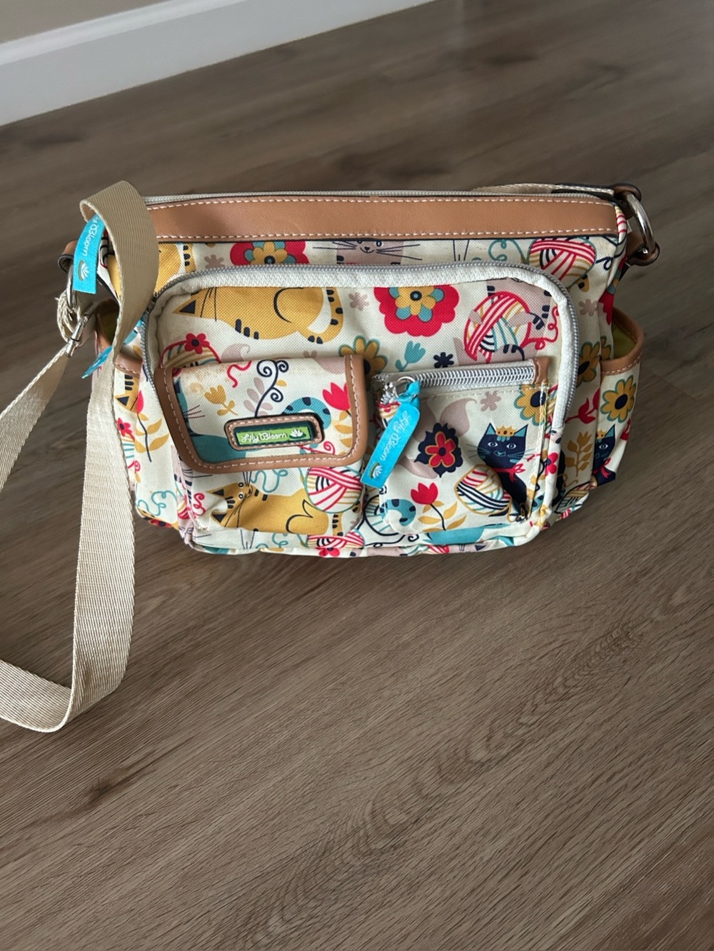 Lily Bloom Cream Crossbody Bag with Multicolor Floral & Cat Print